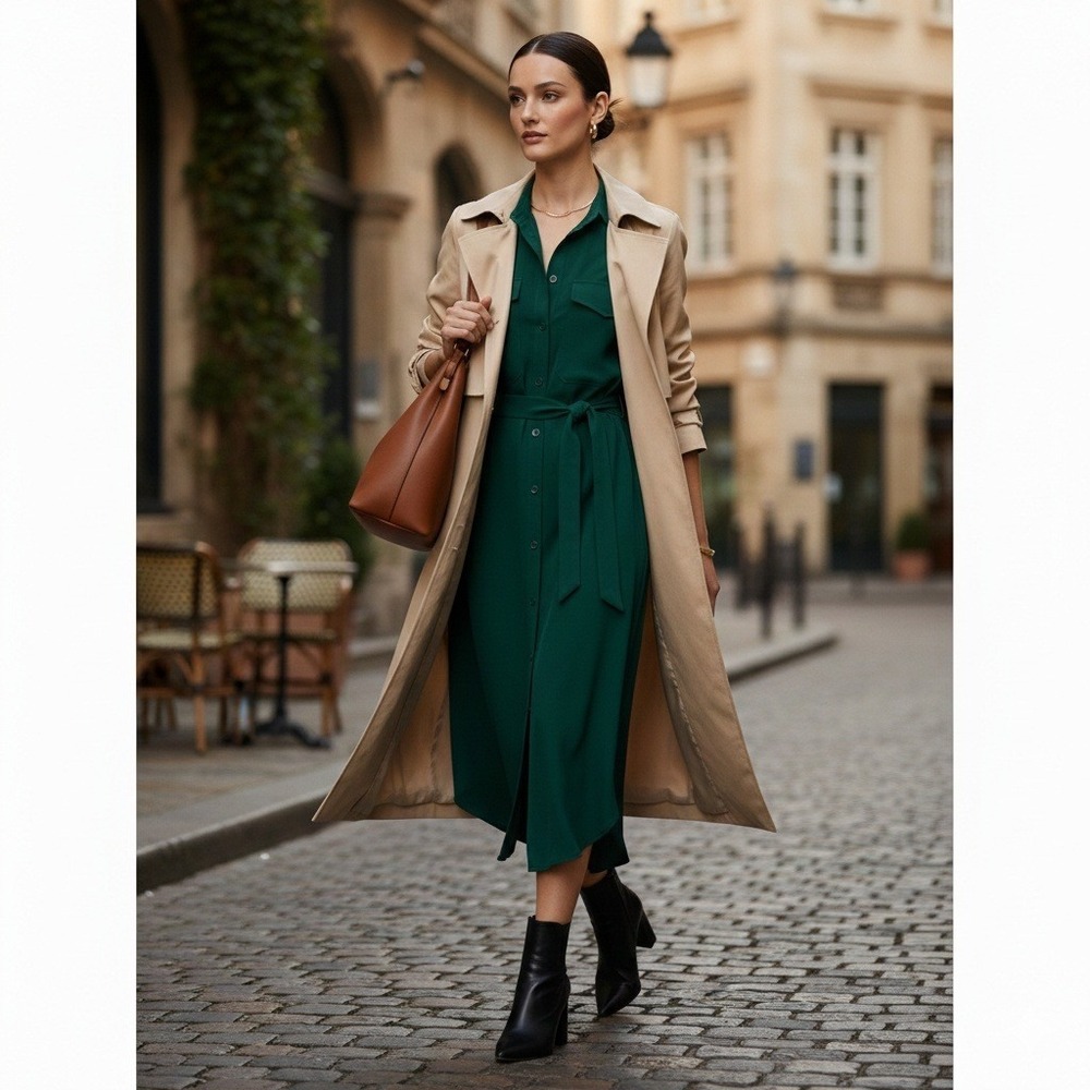 MP Massimo Piombo Midi Shirtdress Forest Green Button Front Belt XL NWT $110 - Picture 8 of 11